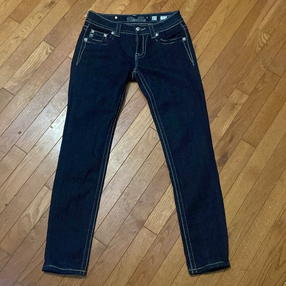 MISS ME SKINNY DARK WASH JEANS SADDLE STITCH POCKET RED,WHITE AND BLUE SZ 27 - Picture 5 of 14